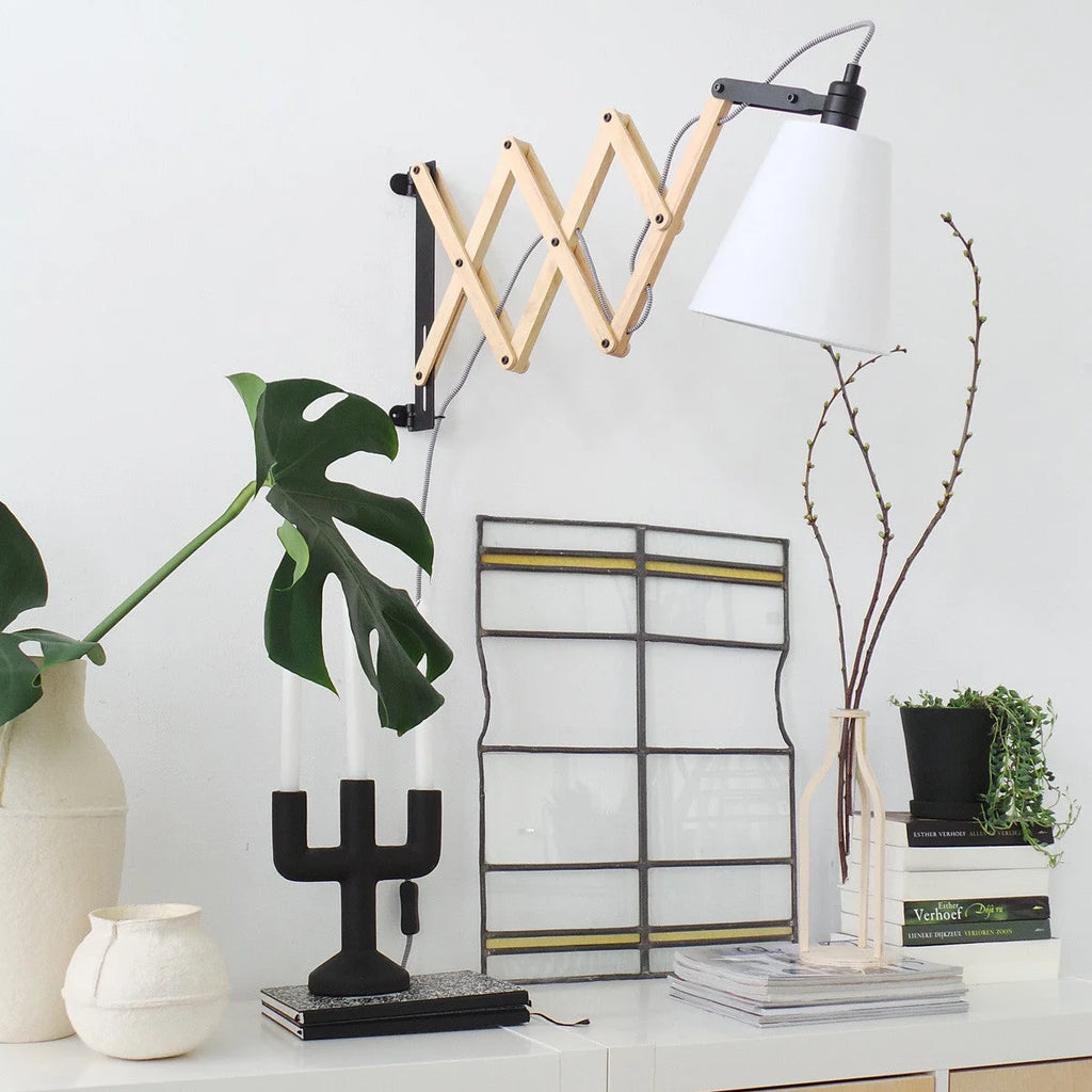 Applique murale en bois extensible avec abat-jour blanc crème, design moderne