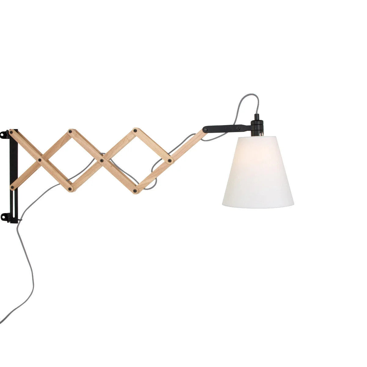 Applique murale en bois extensible avec abat-jour blanc crème et bras articulé