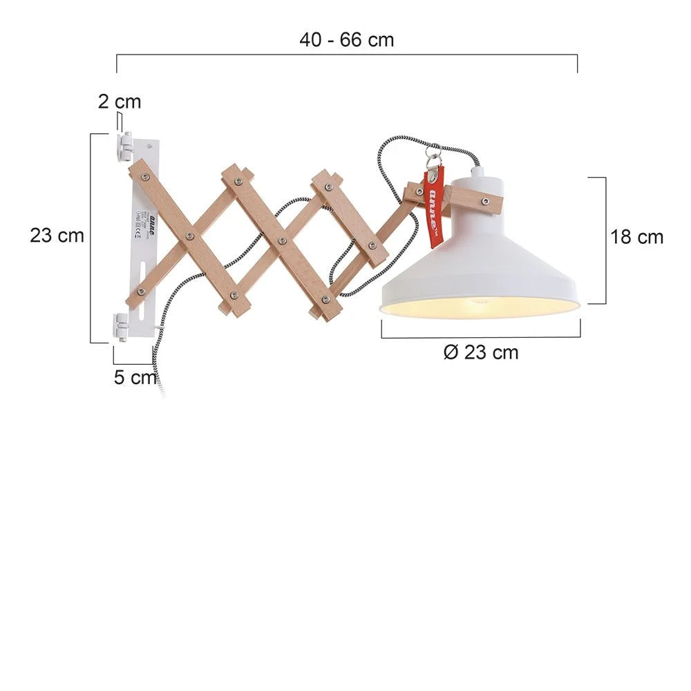 Applique murale en bois naturel avec abat-jour blanc conique pivotant Ø23 cm