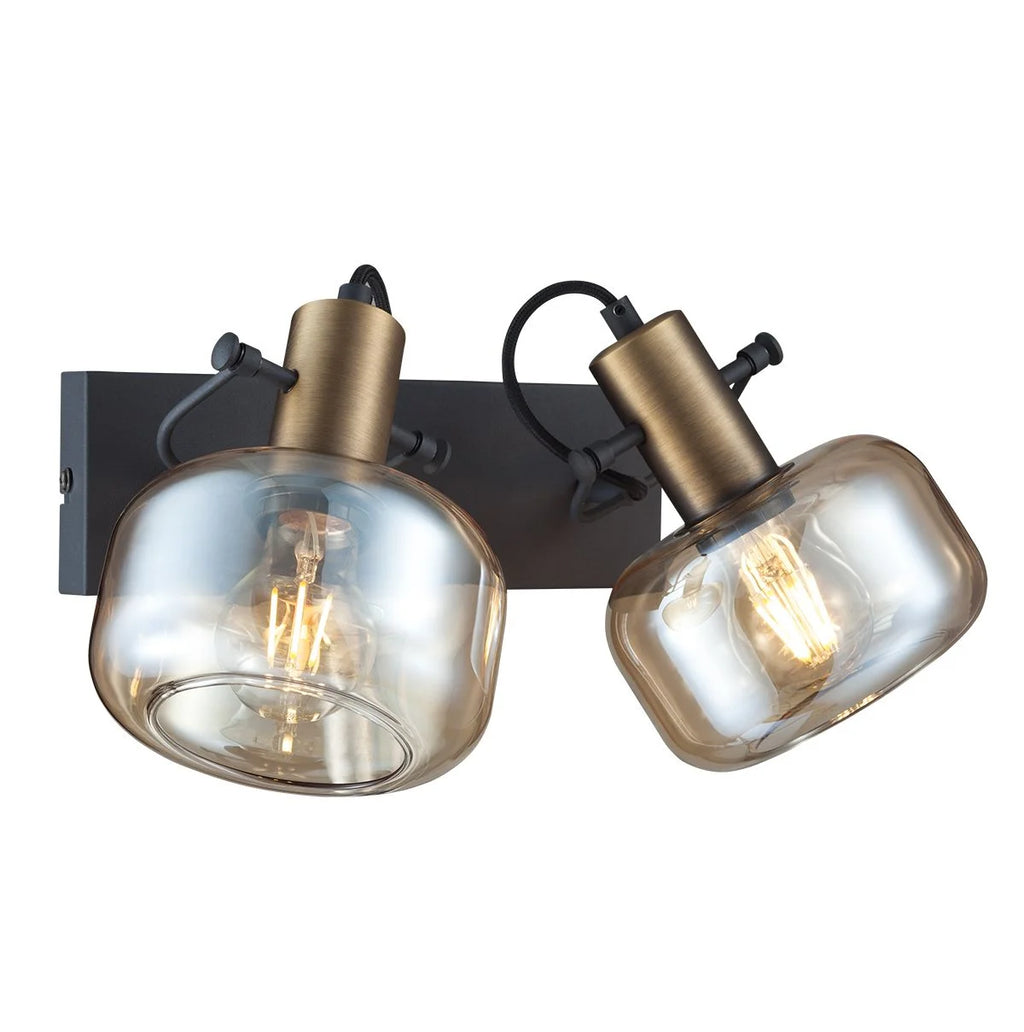 Applique murale bronze et verre ambré avec deux lumières orientables en cuivre