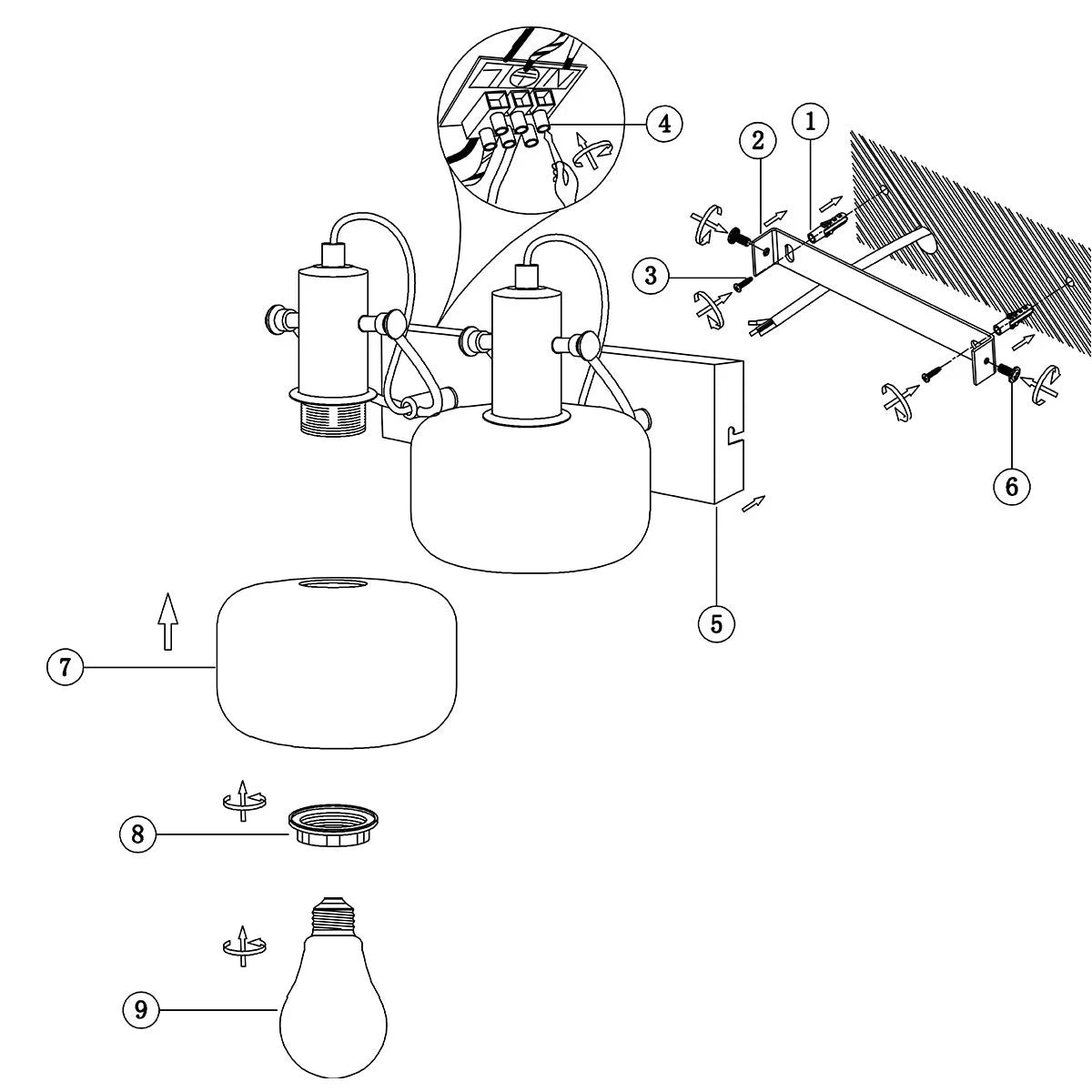 Diagramme explosé d une applique murale en bronze et verre ambré avec douilles orientables