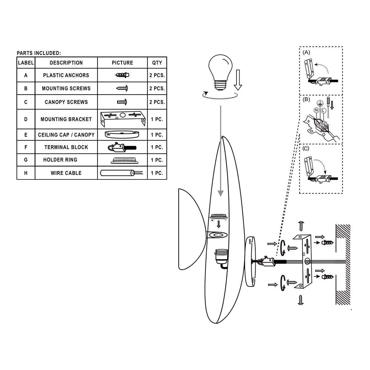 Schéma d’assemblage du luminaire mural doré en métal perforé ovale pour lumière tamisée