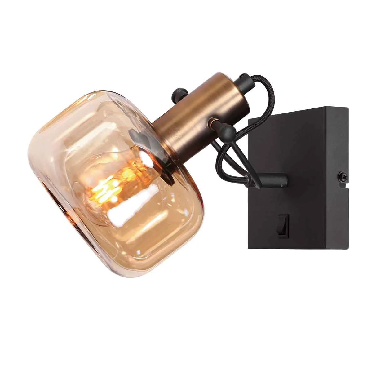 Applique murale en métal bronze avec abat-jour en verre ambré ovale orientable