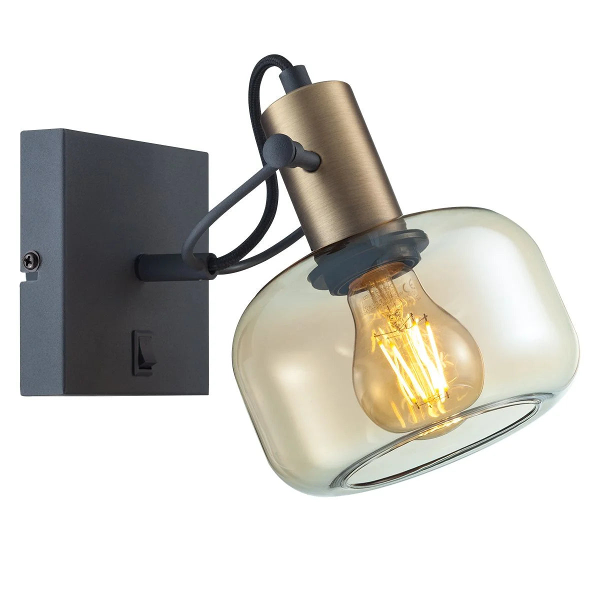 Applique murale en métal bronze avec abattant en verre ambré ovale orientable