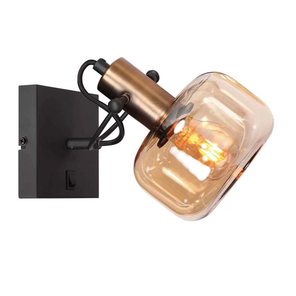 Applique murale en métal bronze et verre ambré ovale orientable avec spot mural
