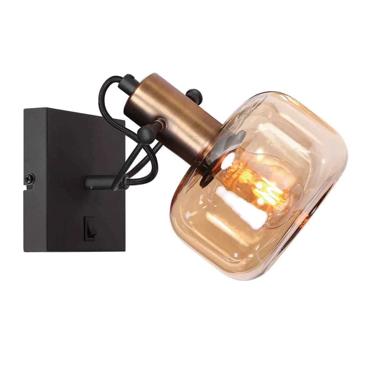 Applique murale en métal bronze et verre ambré ovale orientable avec spot mural