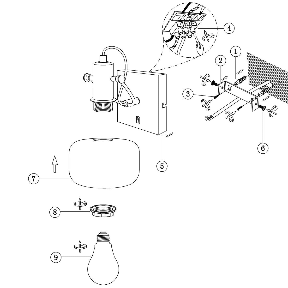 Schéma d’assemblage du luminaire mural en métal bronze et verre ambré ovale orientable