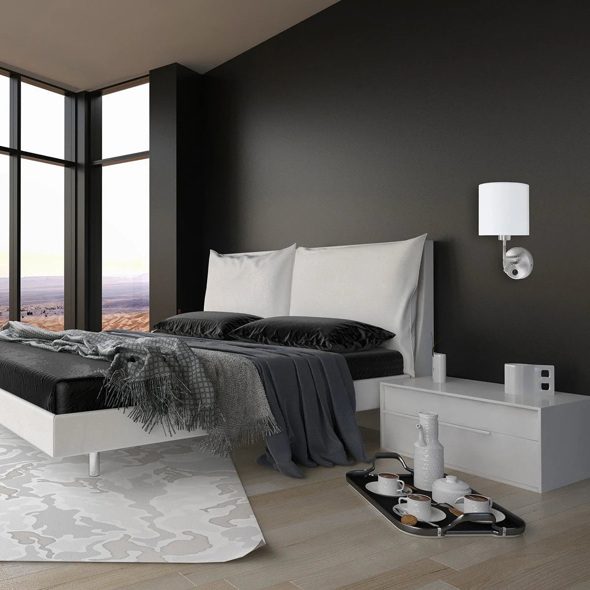 Intérieur de chambre moderne avec applique murale en métal brossé et lin blanc