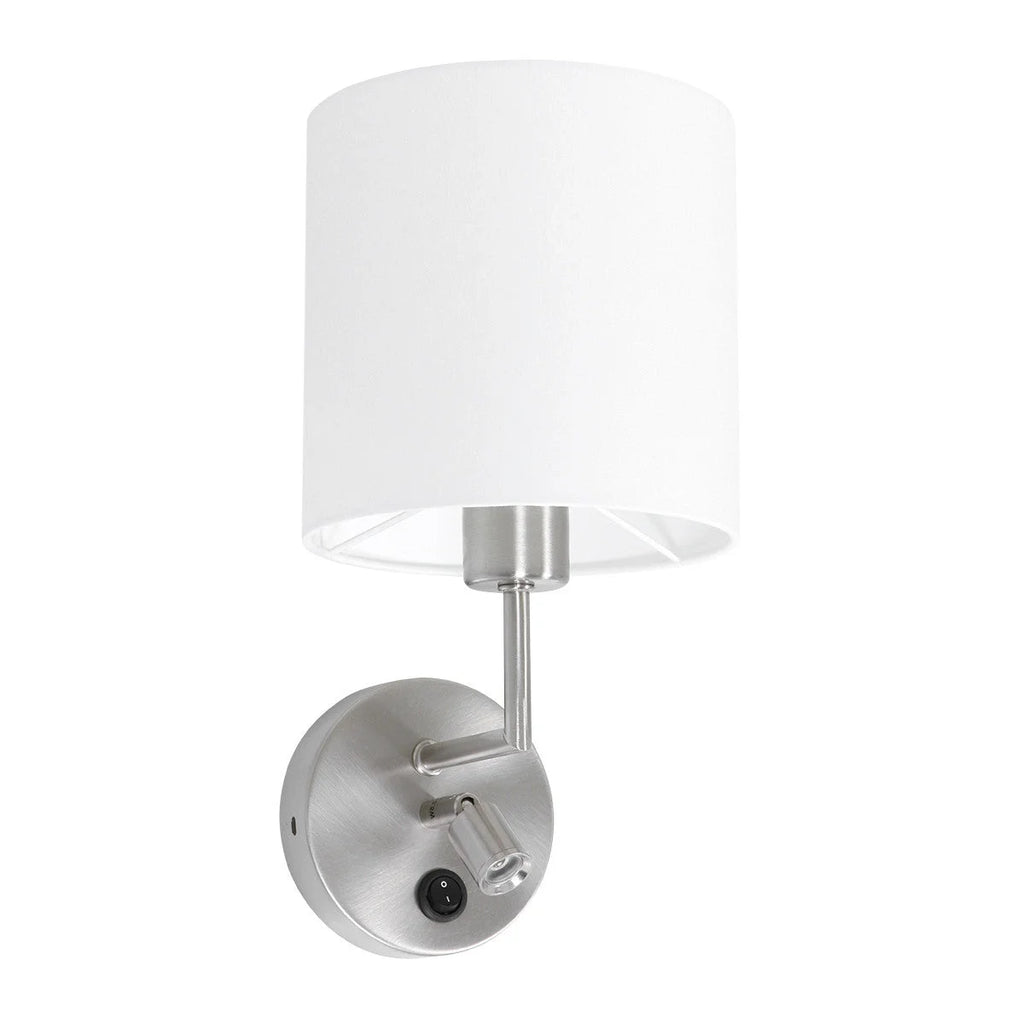 Applique murale en métal brossé avec liseuse LED intégrée et abat-jour blanc