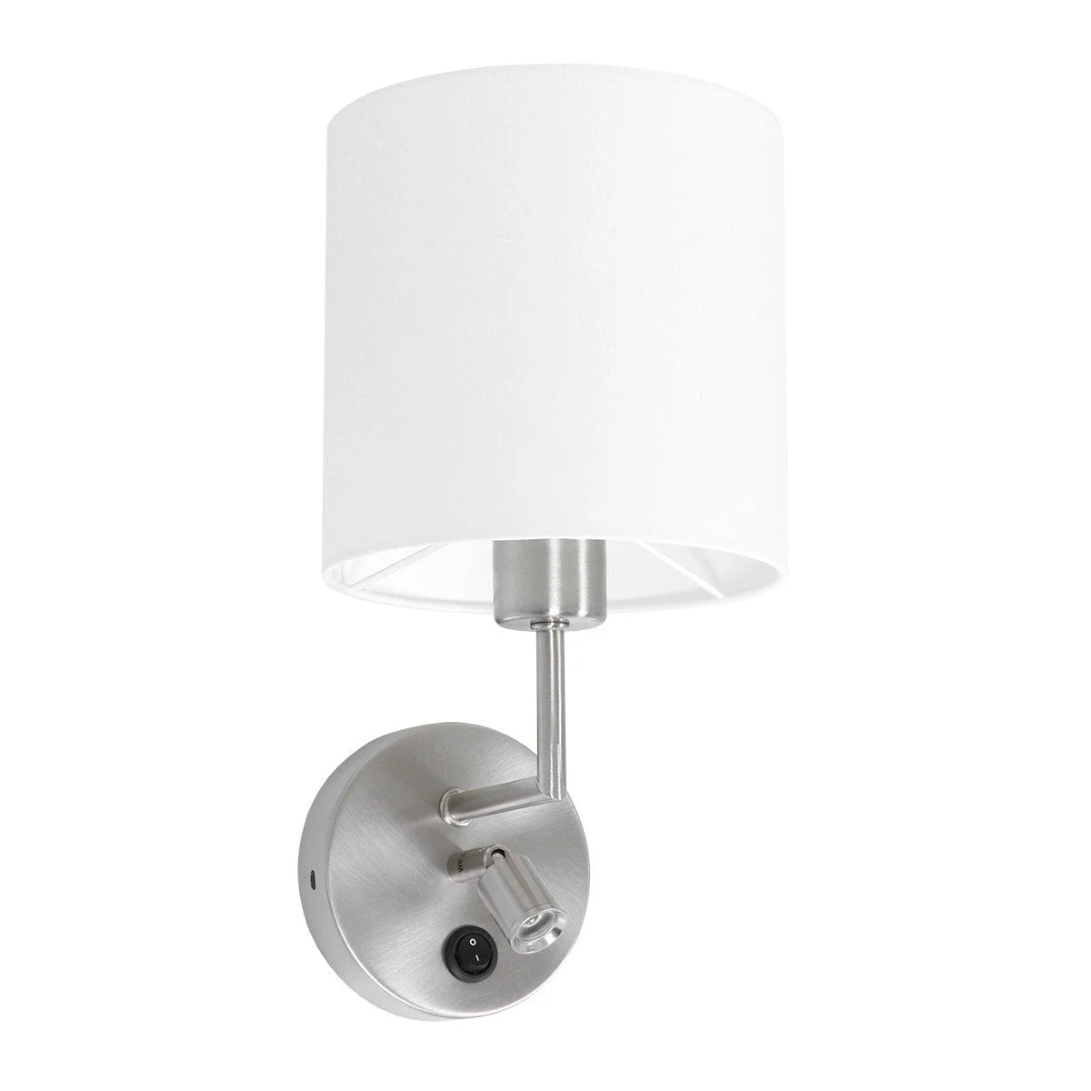 Applique murale en métal brossé avec liseuse LED intégrée et abat-jour blanc