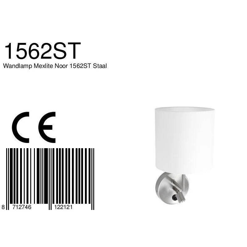 Applique murale en métal brossé et lin blanc avec liseuse LED intégrée sur un mur blanc