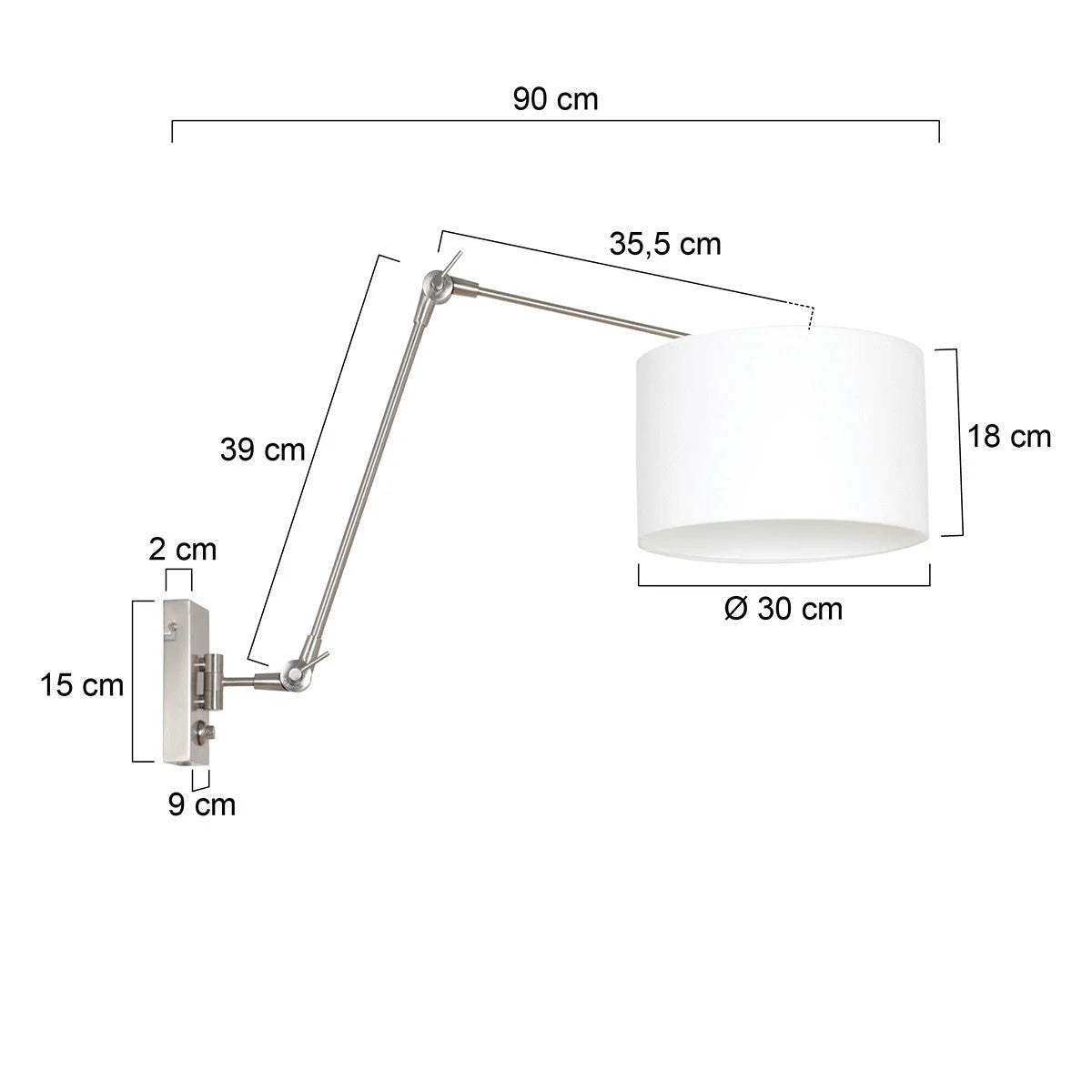Applique murale en métal chromé et lin blanc avec bras articulé et dimensions ajustables
