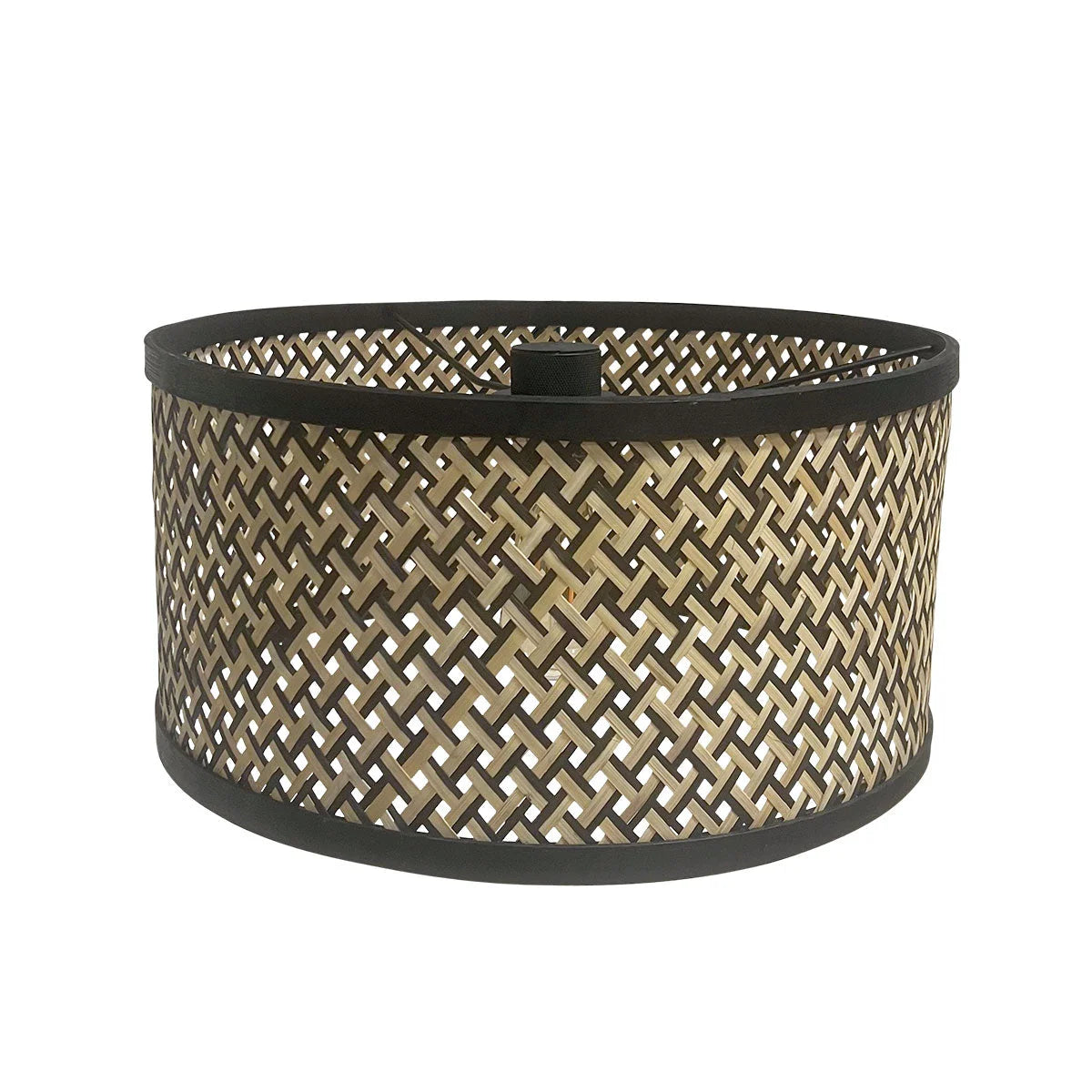 Abat-jour cylindrique en bambou tressé avec trim sombre pour applique murale en métal noir