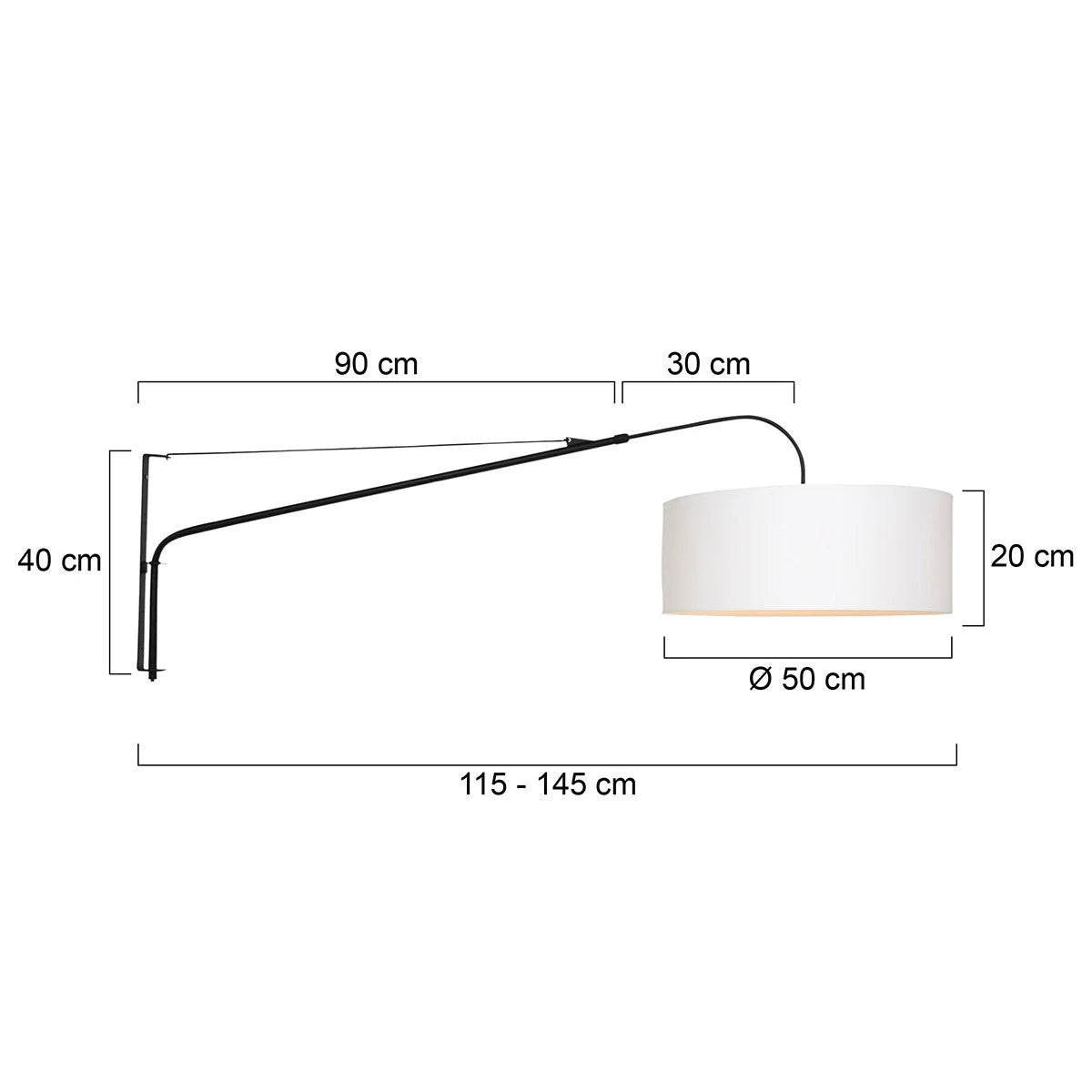 Diagramme dimensional d’une applique murale en métal noir abat-jour blanc tissu Ø50 cm