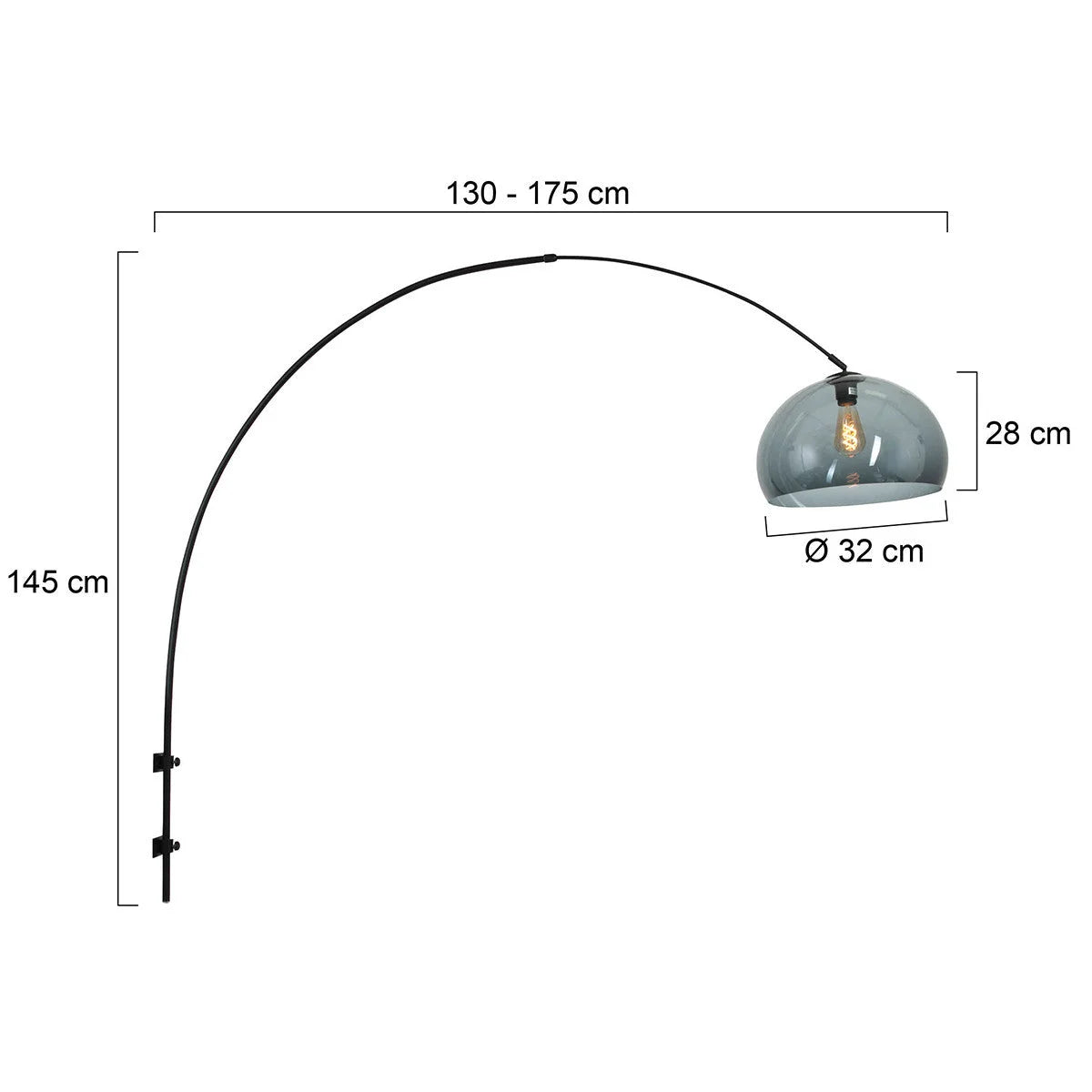 Lampadaire arqué en métal noir avec abat-jour en verre fumé, dimensions adjustable