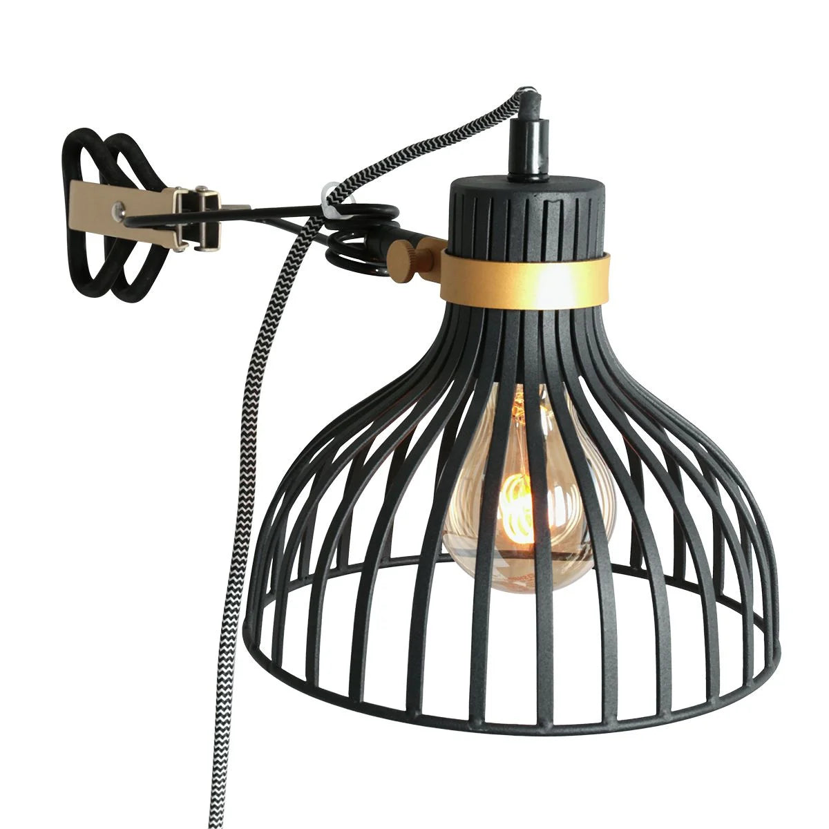 Applique murale en métal noir avec cage en métal et bras articulé avec détails dorés