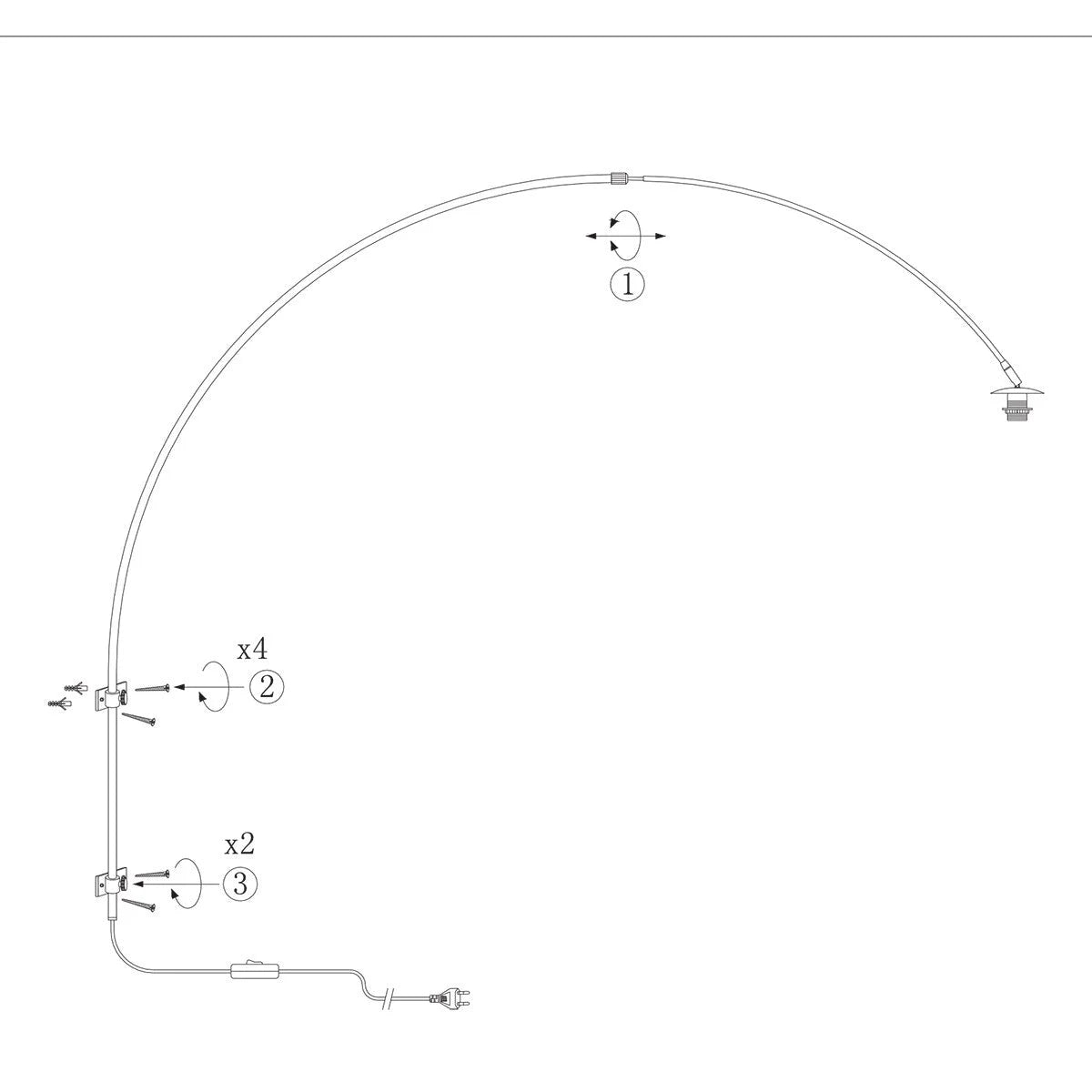 Diagramme de montage d une lampe à arc mural métal noir bras incurvé abat-jour blanc Ø40 cm