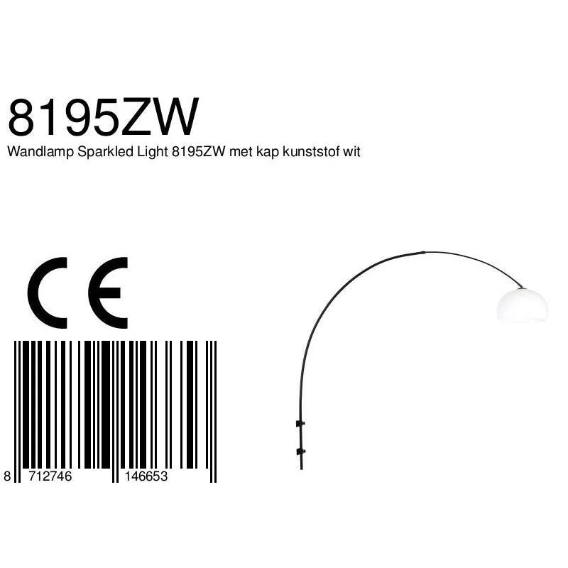 Lampe murale arc en métal noir avec bras incurvé et abat-jour blanc Ø40 cm