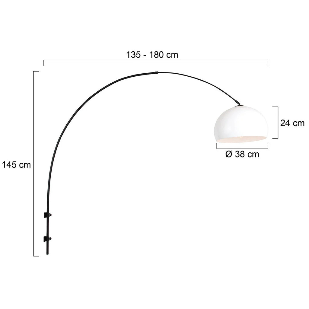 Lampadaire arqué en métal noir avec abat-jour blanc et dimensions indiqué