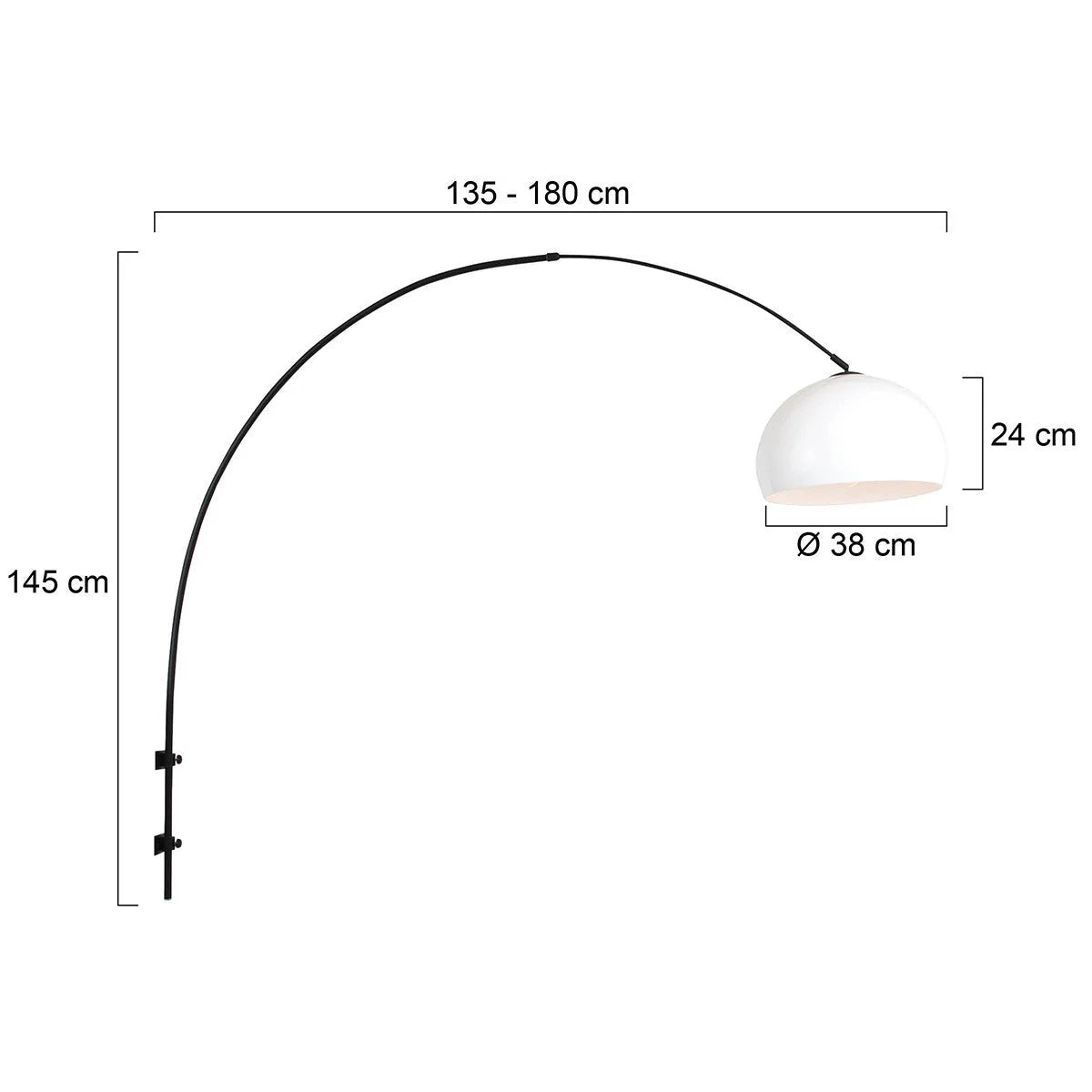 Lampadaire arqué en métal noir avec abat-jour blanc et dimensions indiqué