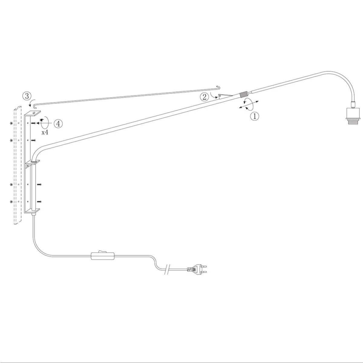 Applique murale en métal noir avec bras long orientable, abat-jour en fibres naturelles, plug et interrupteur en ligne