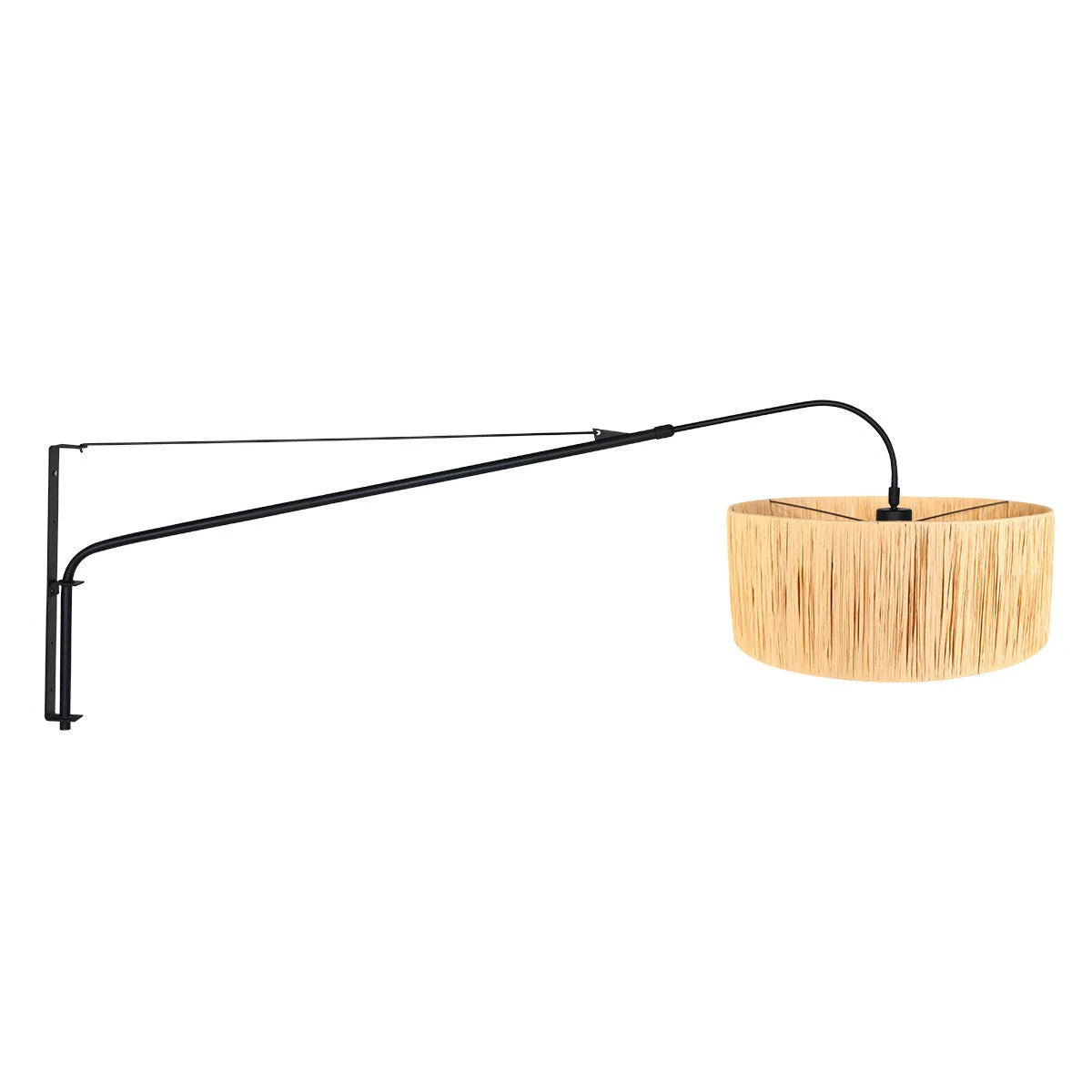 Applique murale en métal noir avec bras long orientable et abat-jour en fibres naturelles