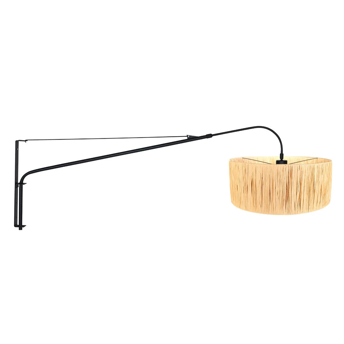 Applique murale en métal noir avec bras long orientable et abat-jour en fibres naturelles