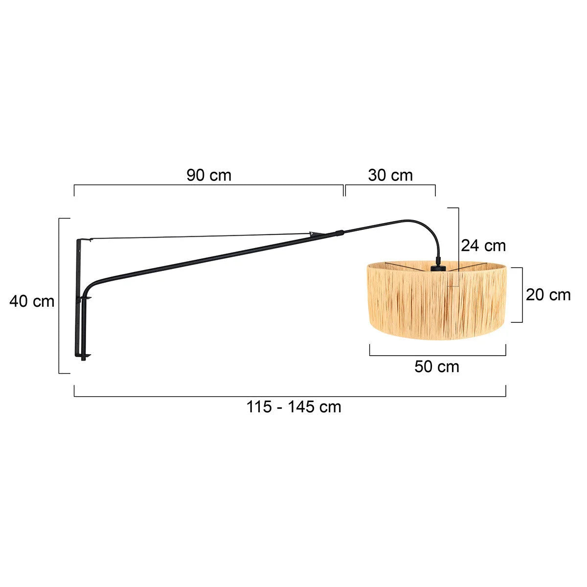 Applique murale en métal noir avec bras long orientable et abat-jour en fibres naturelles