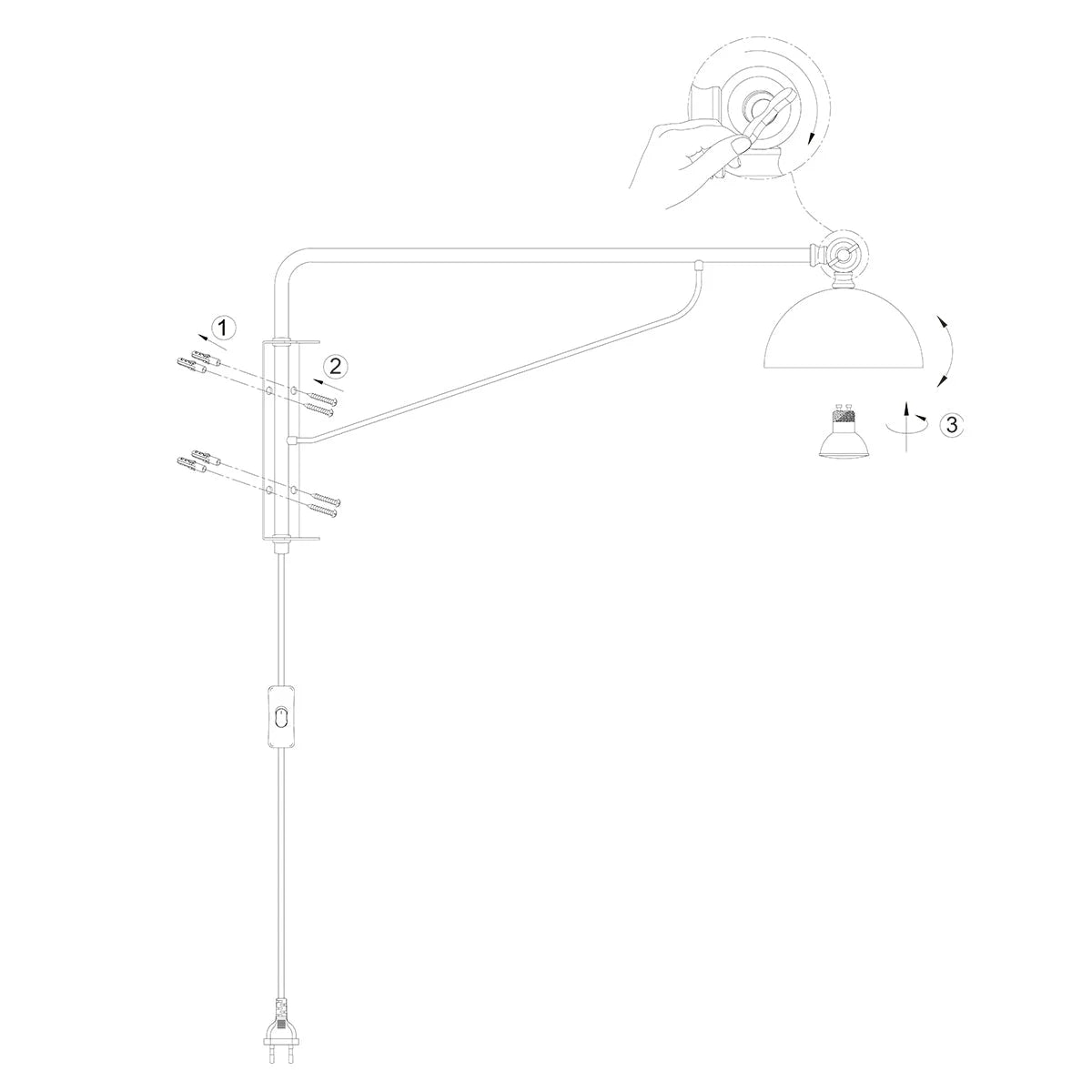 Applique murale en métal noir et bronze avec bras articulé et câble de 68 cm