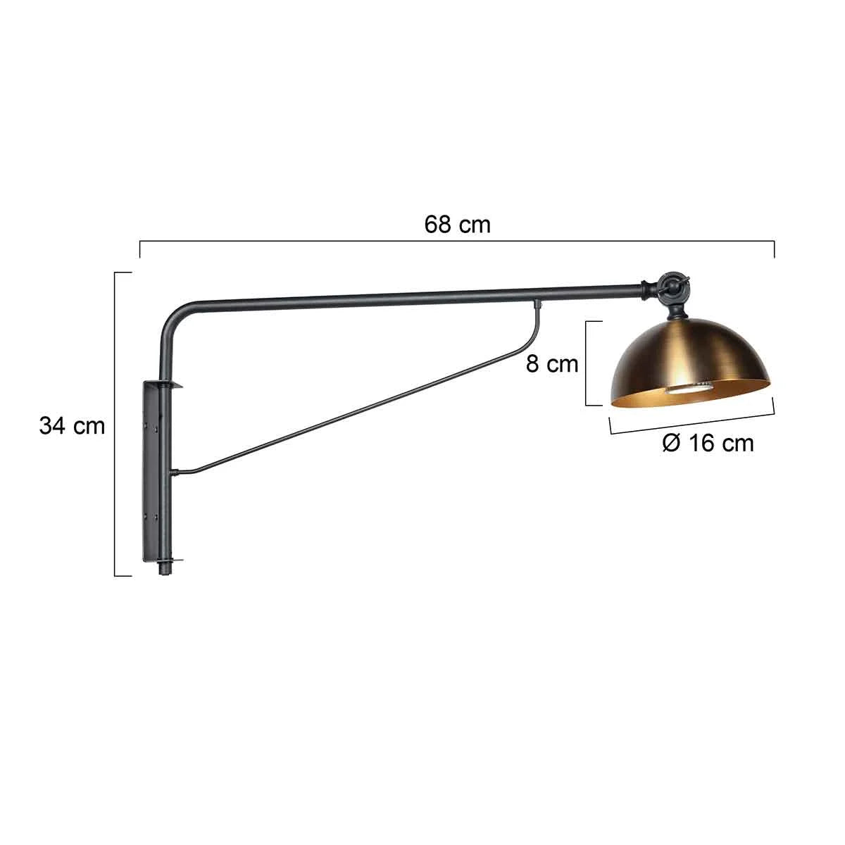 Lampe industrielle murale en métal noir et bronze avec bras articulé de 68 cm