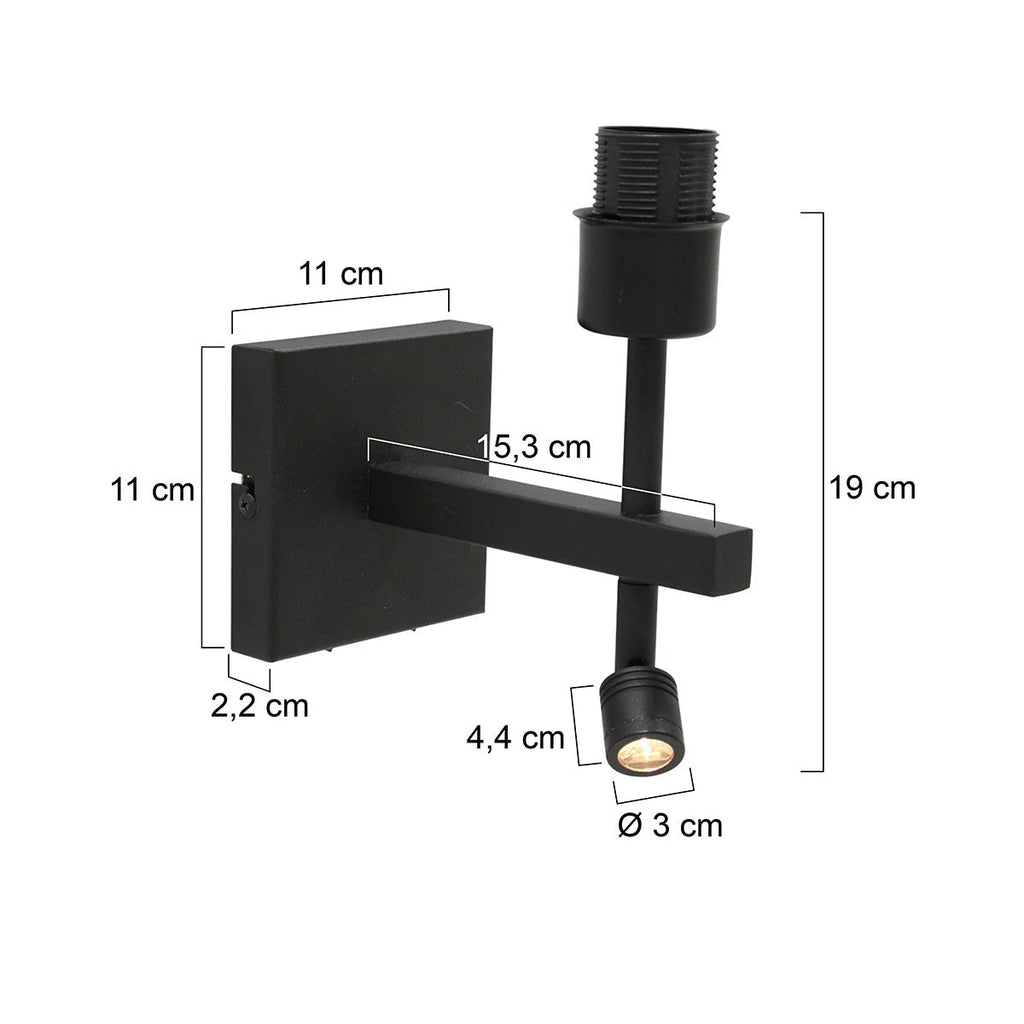 Projecteur mural en métal noir avec liseuse LED orientable, H19 cm