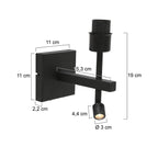 Projecteur mural en métal noir avec liseuse LED orientable, H19 cm
