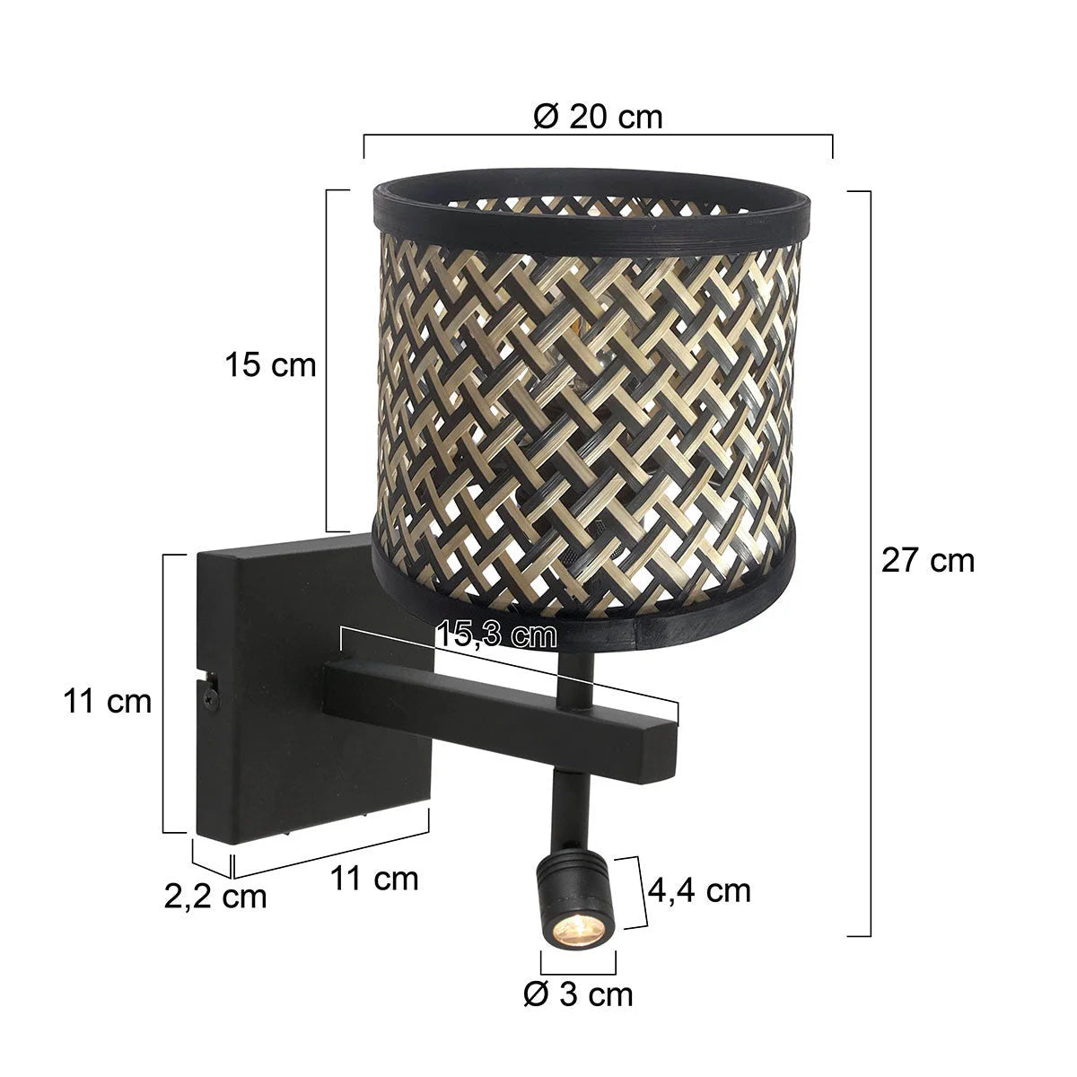 Applique murale métal noir et rotin avec liseuse intégrée et lampe à spot ajustable