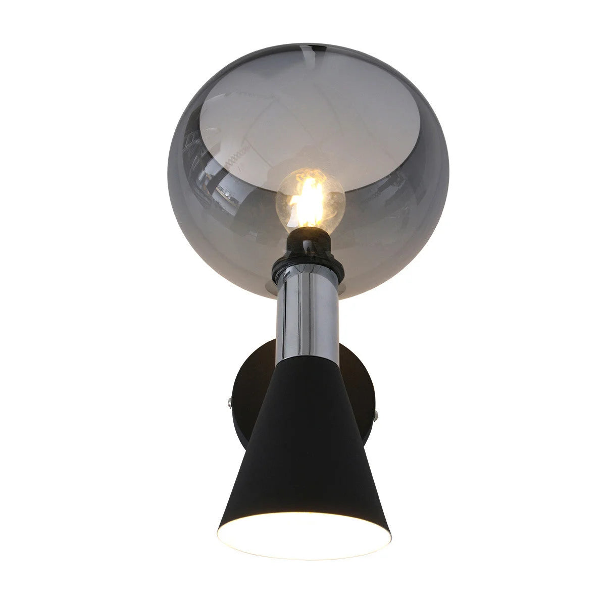 Applique murale moderne en métal noir et verre fumé avec deux lumières orientables