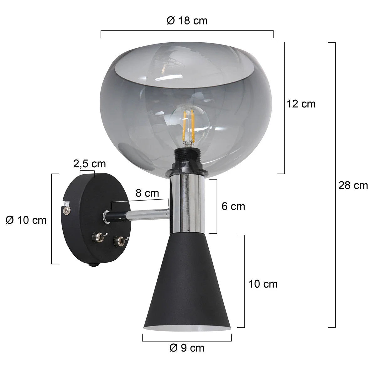 Applique murale en métal noir et verre fumé avec deux lumières orientables