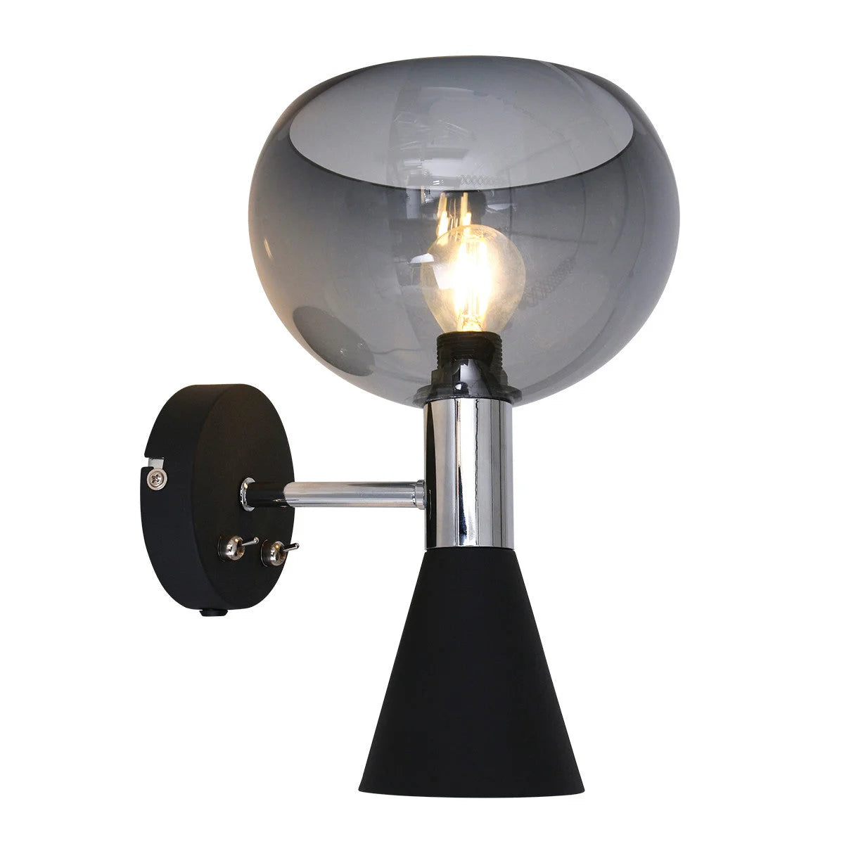 Applique murale en métal noir avec globe en verre fumé et deux lumières orientables