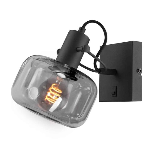 Applique murale en métal noir avec abat-jour en verre fumé et ampoule apparente