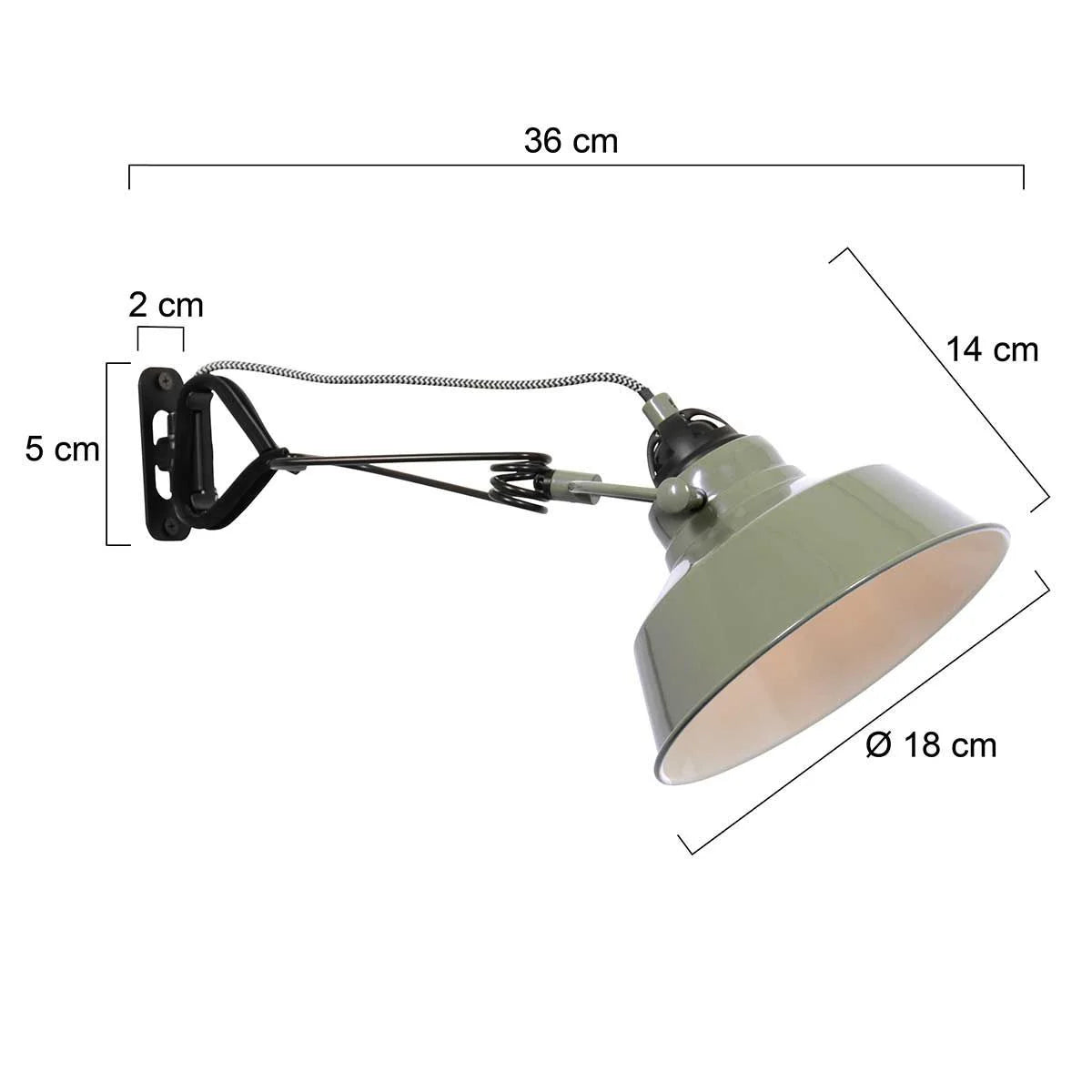 Applique murale en métal vert mat avec bras articulé, ajustable, diamètre 18 cm