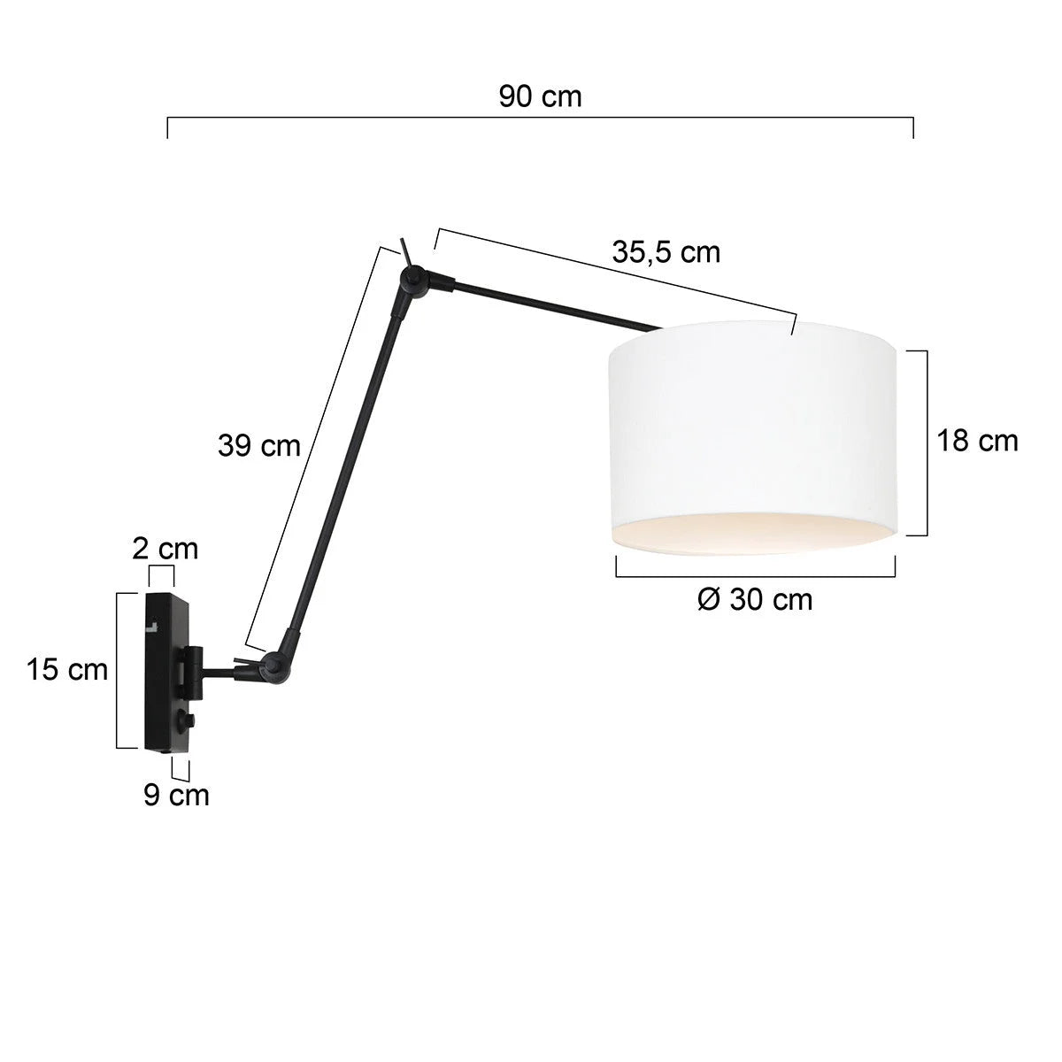 Applique murale noire mate avec abat-jour blanc ajustable et bras articulé, Ø30 cm
