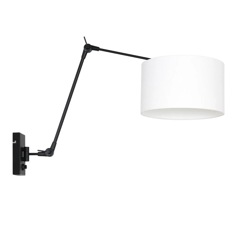 Applique murale noir mat bras articulé abat-jour lin blanc – Ø30 cm