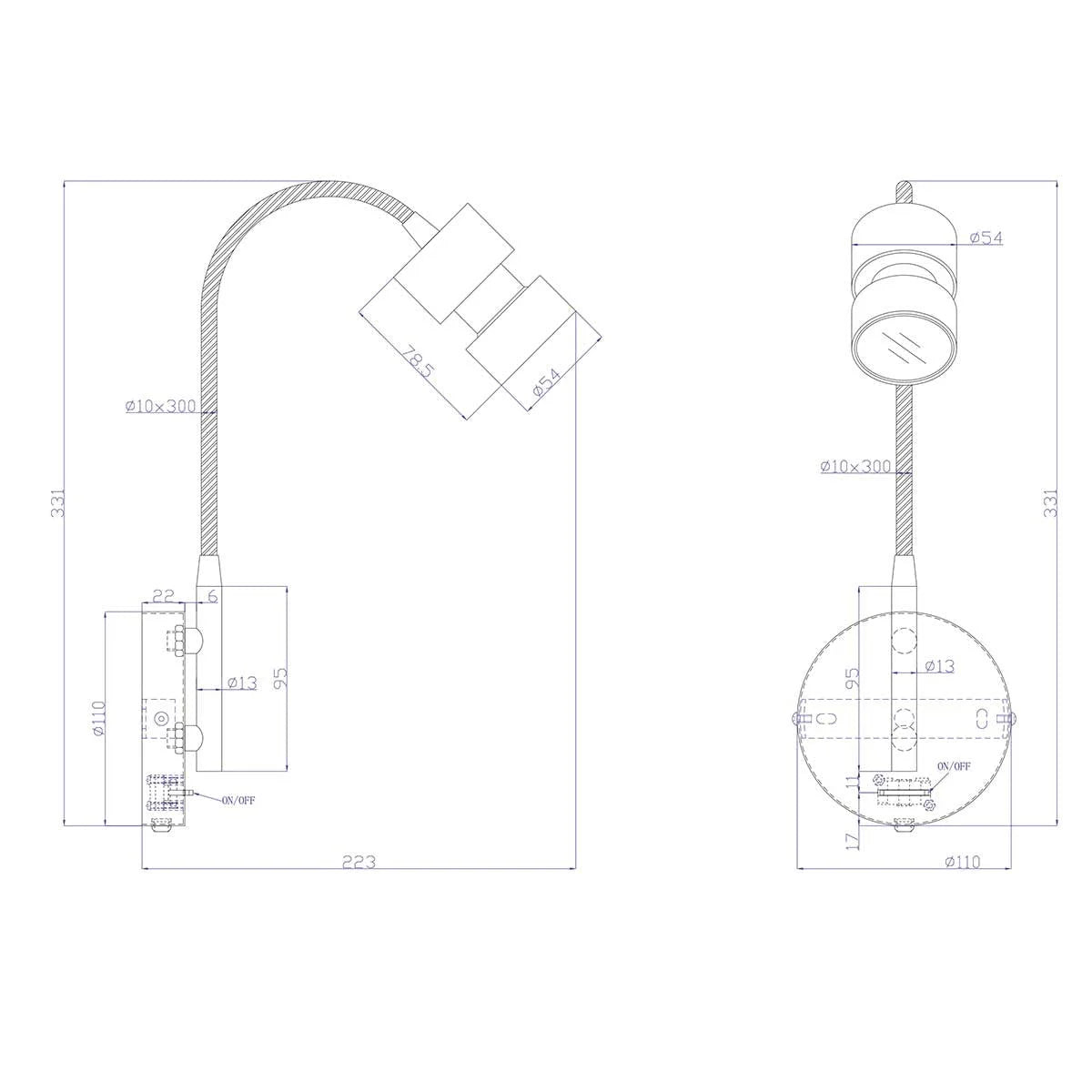 Schéma technique de la lampe flexible en métal noir avec bras orientable et interrupteur intégré