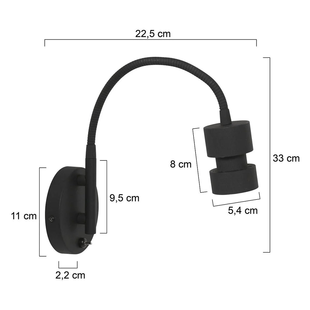 Applique murale noire en métal avec bras orientable et interrupteur intégré