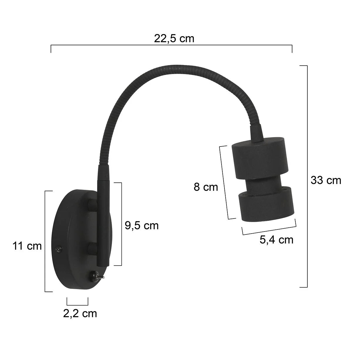 Applique murale noire en métal avec bras orientable et interrupteur intégré