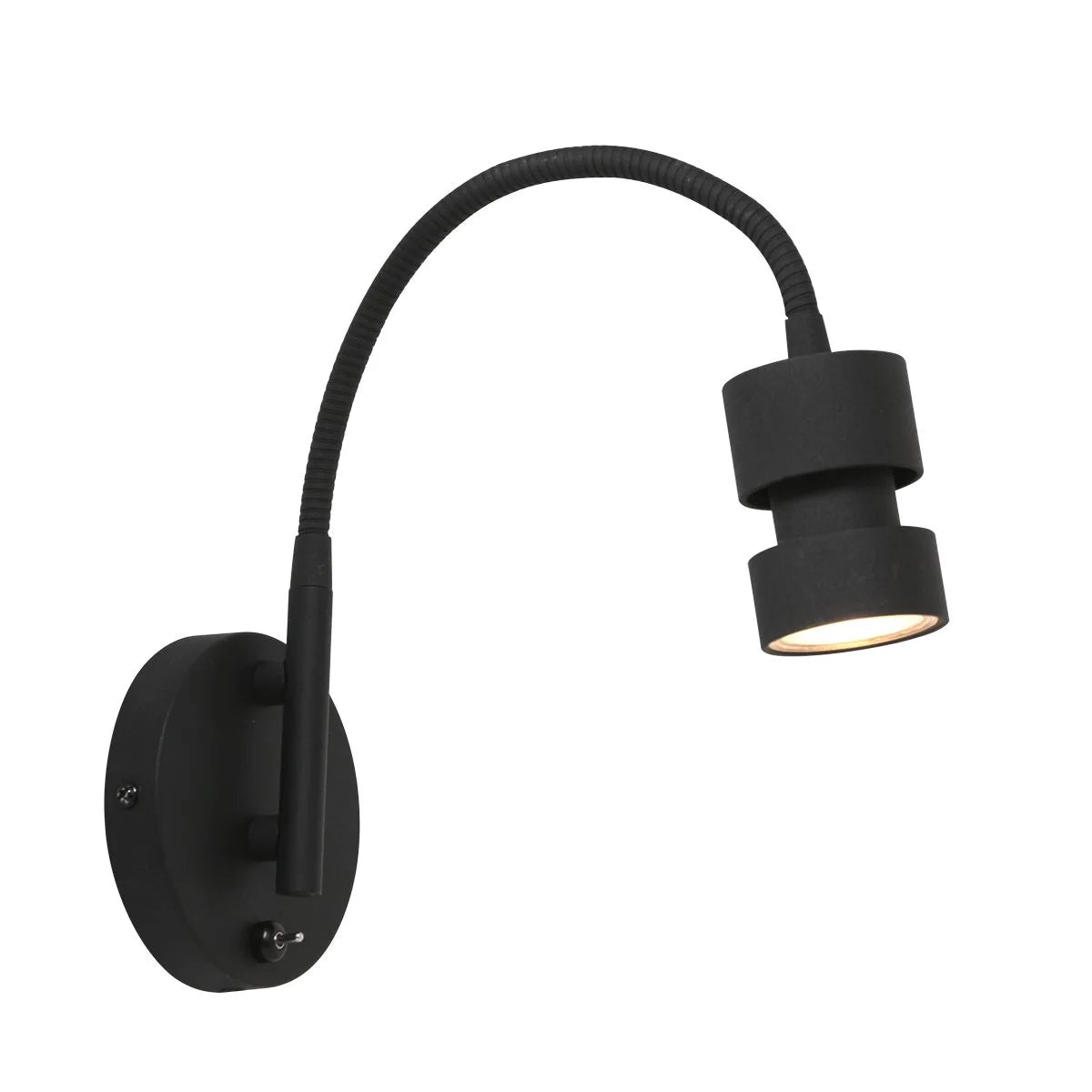 Applique murale noire en métal avec bras orientable, interrupteur intégré