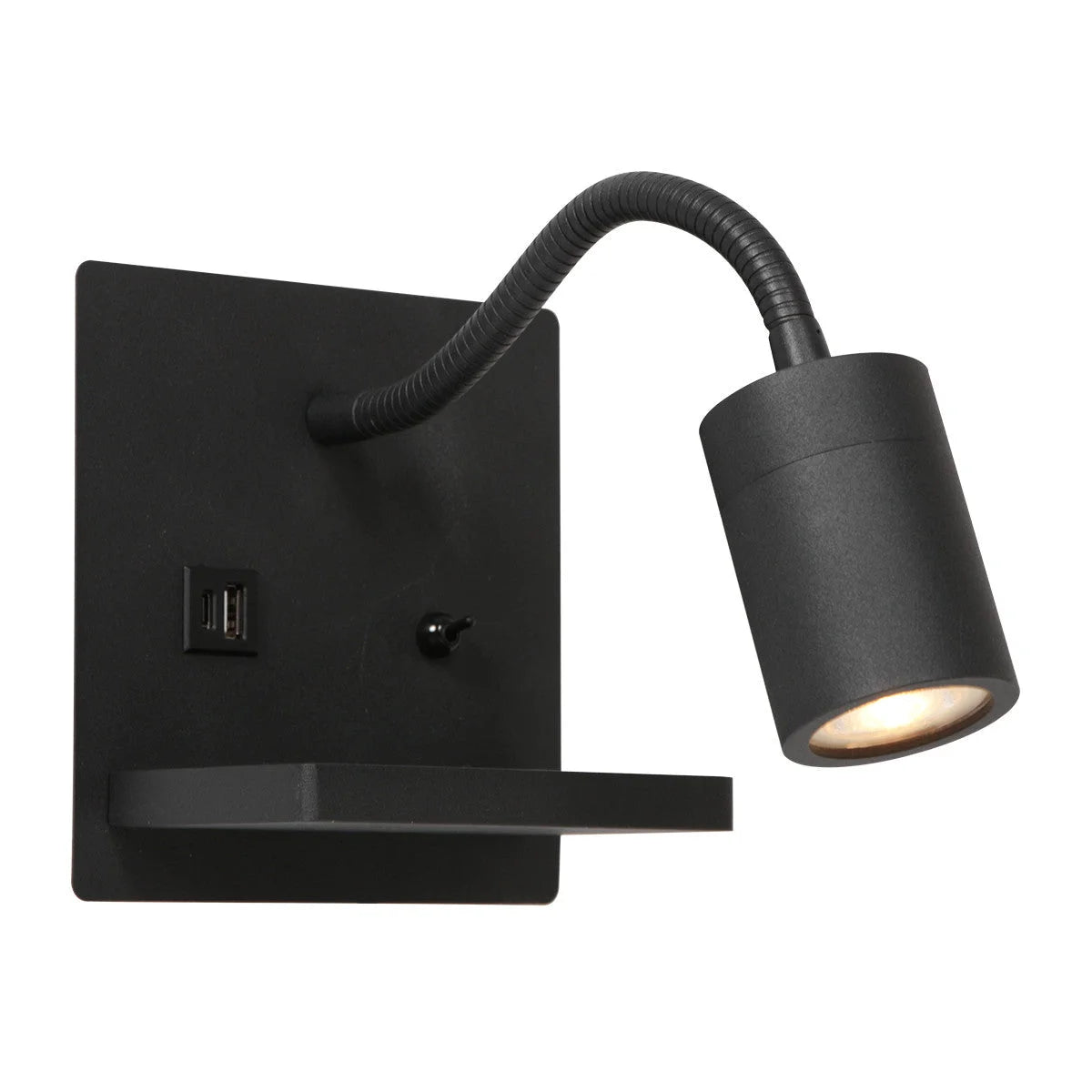 Applique murale noire en métal avec ports USB, chargeur sans fil et étagère