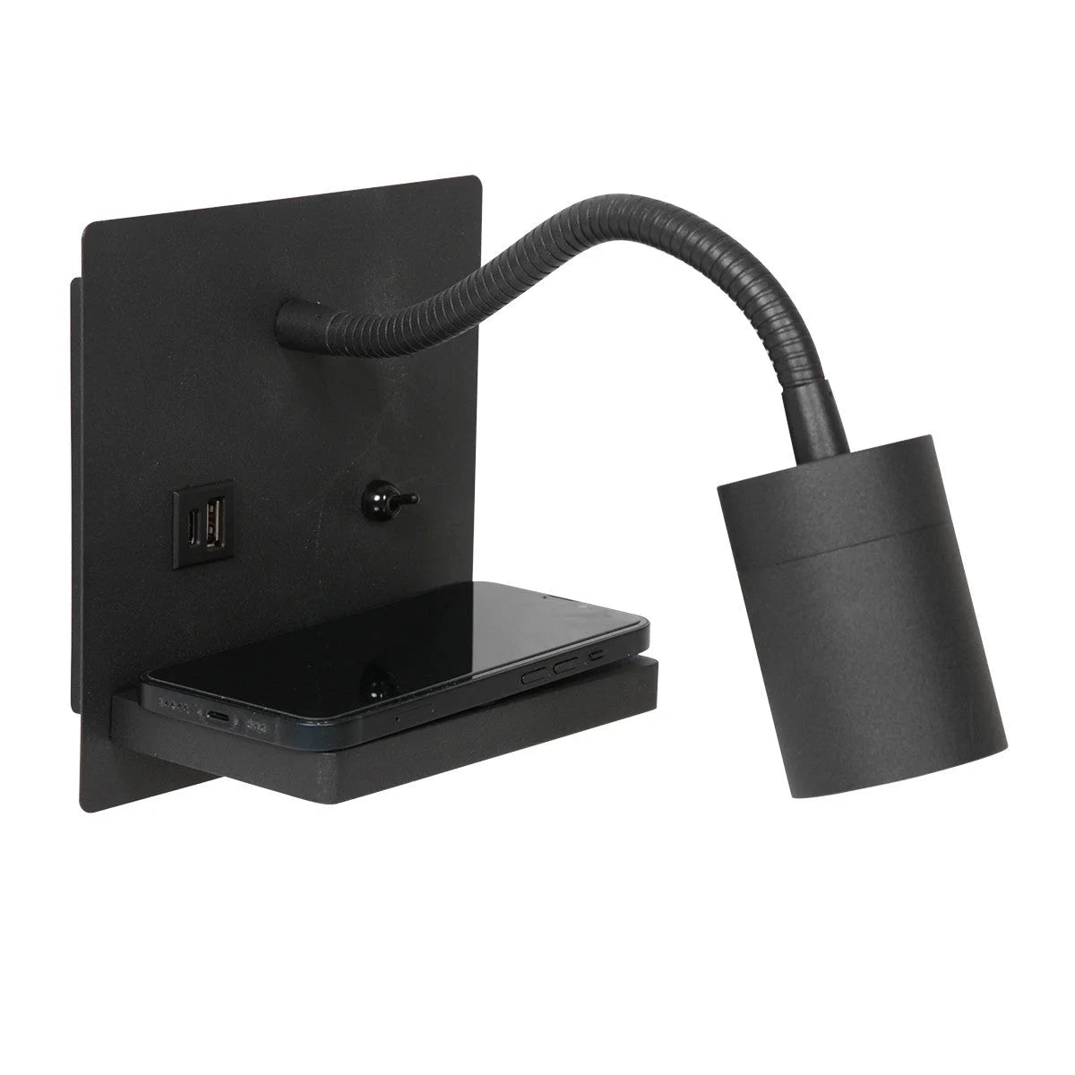 Applique murale noire en métal avec étagère, chargement sans fil et ports USB