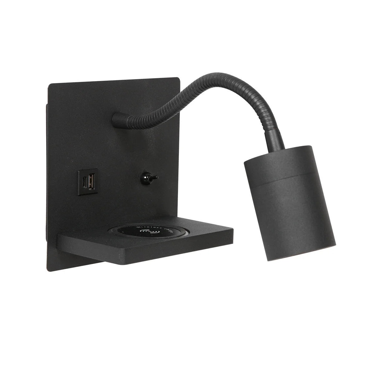 Applique murale noire en métal avec port USB, chargeur sans fil et étagère