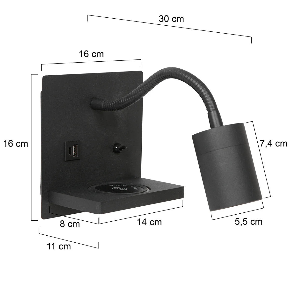 Applique murale noire en métal avec étagère, chargeur sans fil et ports USB