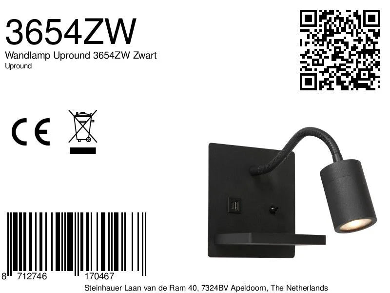 Applique murale noire en métal avec bras flexible, chargeur sans fil et ports USB