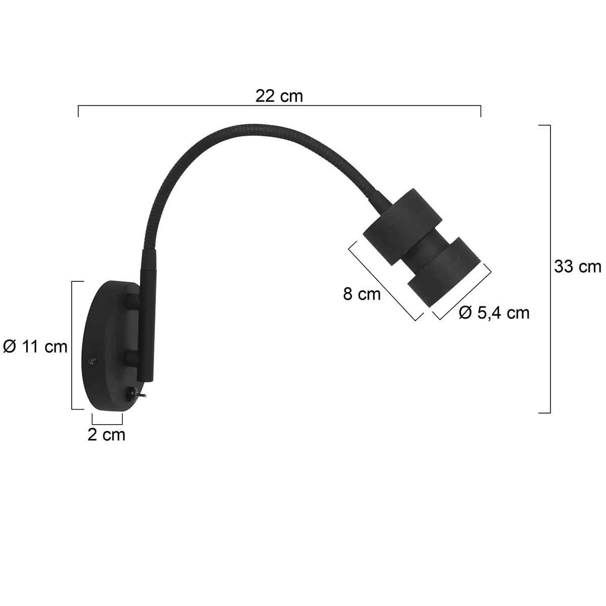 Applique murale noire en métal avec bras flexible, port USB et dimensions H33 cm